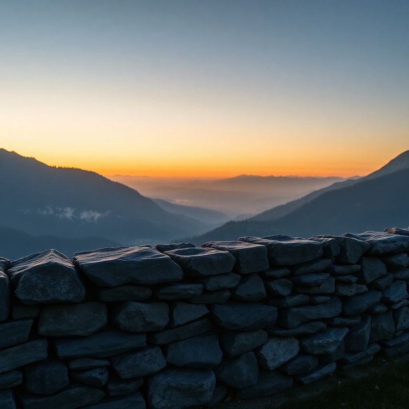 Alpska pokrajina v somraku s kamnitim zidom in zlatim odsevom svetlobe